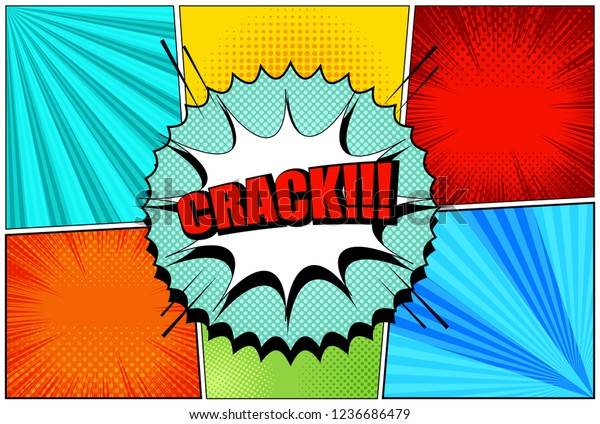 Comic book colorful composition with speech
bubble white cloud red Crack wording sound rays radial halftone
effects. Vector
illustration