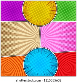 Comic book colorful concept with halftone radial circles rays humor effects. Vector illustration