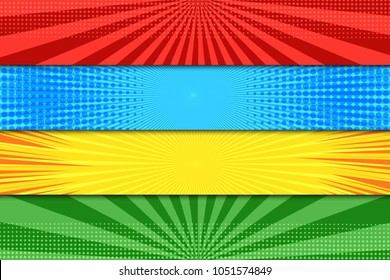 Comic book colorful horizontal banners with halftone rays dotted radial effects in blue red green yellow colors. Vector illustration