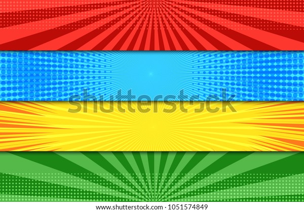 Comic book colorful horizontal banners with\
halftone rays dotted radial effects in blue red green yellow\
colors. Vector\
illustration