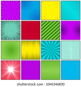 Comic book colorful humor template with sixteen scenes, rays, radial, stripes, dotted and halftone effects in different colors. Vector illustration