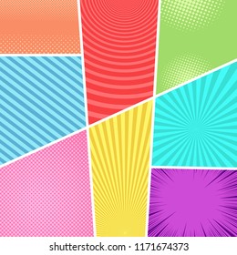 Comic book colorful light background with rays radial halftone circles slanted lines and dotted effects. Vector illustration