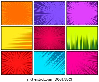 Comic book colorful radial lines collection. Cartoon comics background with motion, speed lines. Retro Pop Art style. Vector illustration.