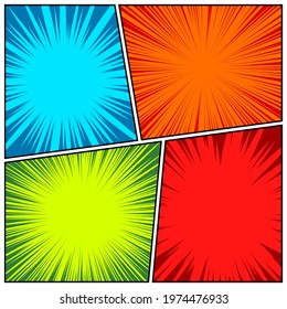 Comic book colorful radial lines collection. Cartoon comics background with motion, speed lines. Retro Pop Art style. Vector illustration.