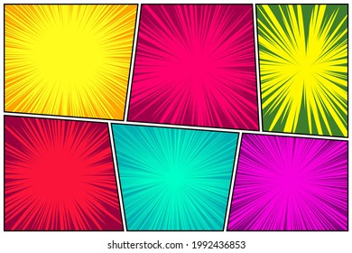 Colección de líneas radiales coloridas de historietas. Caricatura de fondo con movimiento, líneas de velocidad. Estilo retro pop Art. Ilustración vectorial.