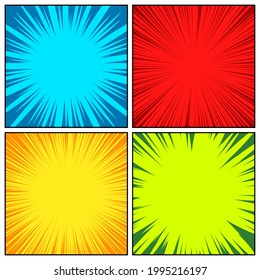 Comic book colorful radial lines collection. Cartoon comics background with motion, speed lines. Retro Pop Art style. Vector illustration.