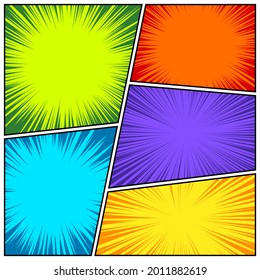 Comic book colorful radial lines collection. Cartoon comics background with motion, speed lines. Retro Pop Art style. Vector illustration.