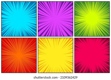 Comic book colorful radial lines collection. Cartoon comics background with motion, speed lines. Retro Pop Art style. Vector illustration.