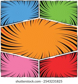 Comic book colorful radial lines collection. Cartoon comics background with speed lines. Halftone and dotted effects in pop art style. Retro Pop Art style. Vector illustration. Royalty Free. EPS 10