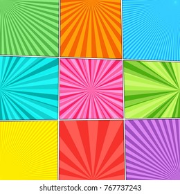Comic book colorful template with radial effects on nine backgrounds in different views. Vector illustration