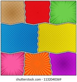 Comic book colorful template with rays halftone radial humor effects and curved dividing lines. Vector illustration