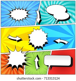 Comic book colorful template with various blank speech bubbles, arrows, rays, radial, sound, halftone and dotted effects on different pop art backgrounds. Vector illustration