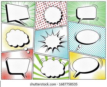 Comic Book Composition With Blank Speech Bubbles On Colorful Frames With Different Humor Effects. Vector Illustration