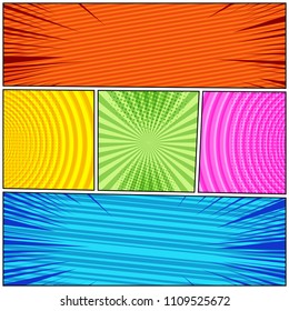 Comic book composition with halftone radial striped rays round humor effects in bright colors. Vector illustration