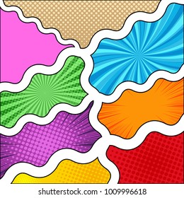 Comic book composition with wavy dividing lines halftone radial rays humor effects in yellow brown purple orange pink blue green red colors in pop-art style. Blank template. Vector illustration