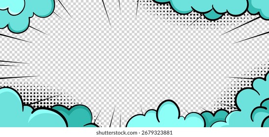 Portada de cómic, explosión de dibujos animados con nubes de hojaldre y patrón de puntos. Fondo de vapor de humo divertido de arte Pop. Vector bg