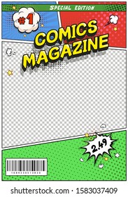 Comic book cover. Comics magazine title page, pop art cartoon title poster template Vector.