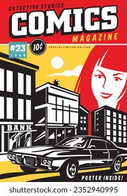 Comic book cover design template with girl portrait and car drawing on city streets. Vector idea for detective magazine book cover layout. Comic style vector illustration.