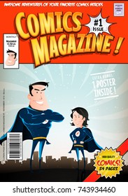 Comic Book Cover/
Illustration Of A Cartoon Editable Comic Book Cover Template, With Super Hero Man And Woman Characters, Titles And Subtitles To Customize, And Wrong Bar Code And Label