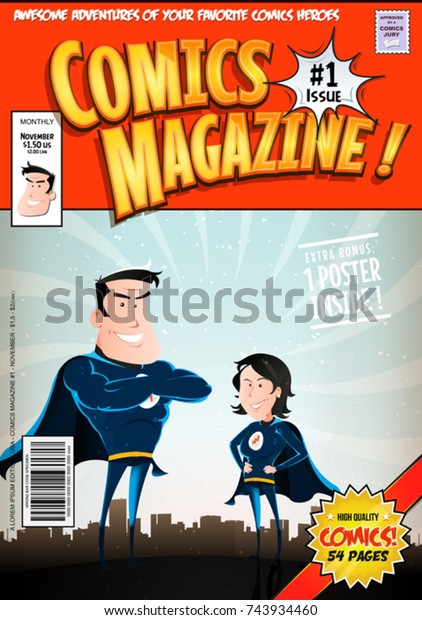 漫画本表紙 スーパーヒーローの男性と女性のキャラクター カスタマイズするタイトルと字幕 誤ったバーコードとラベルを含む 漫画の編集可能な漫画の表紙 テンプレートのイラスト のベクター画像素材 ロイヤリティフリー