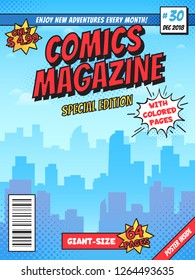 Comic book cover page. City superhero empty comics magazine covers layout, town buildings and vintage comic books. Super hero cartoon pop books page retro template vector template