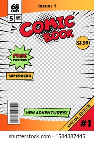 Comic book cover page template. Cartoon pop art comic book title poster, superhero comic book title page vector isolated cover template illustration. Old school comics special edition
