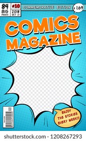 Comic book cover. Retro cartoon comics magazine. Vector template in pop art style. Magazine cartoon book, commemorative edition illustration