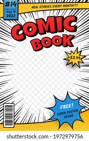 Comic book cover. Retro comics title page template in pop art style. Cartoon superhero magazine with speed rays and halftone effect vector layout. Frame with price, issue number and speed lines