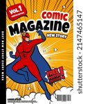 Comic Book Cover with super hero characters, llustration cartoon editable comic book cover template