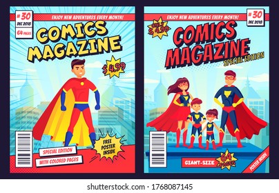 Comic book cover with super hero man and family characters. Retro magazine editable front page template with title and subtitle for customization. Cartoon super people flat vector illustration