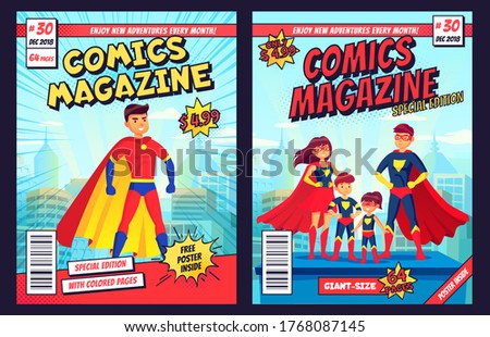 Comic book cover with super hero man and family characters. Retro magazine editable front page template with title and subtitle for customization. Cartoon super people flat vector illustration
