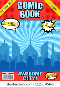 Comic book cover template with blue city silhouette white speech bubbles barcode radial halftone effects and different inscriptions. Vector illustration