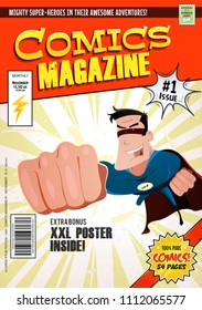 Comic Book Cover Template/
Illustration of a cartoon editable comic book cover template, with super hero character flying, titles and subtitles to customize, and wrong bar code and label