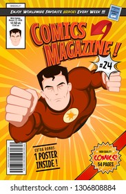 Comic Book Cover Template/
Illustration of a cartoon editable comic book cover template, with super hero character flying, titles and subtitles to customize, and wrong bar code and label