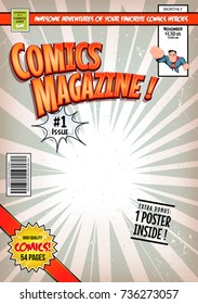 Comic Book Cover Template/
Illustration Of A Cartoon Editable Comic Book Cover Template, With Super Hero Character Flying, Titles And Subtitles To Customize, And Wrong Bar Code And Label