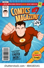 Comic Book Cover Template/Illustration Of A Cartoon Editable Comic Book Cover Template, With Super Hero Character Flying, Titles And Subtitles To Customize, And Wrong Bar Code And Label