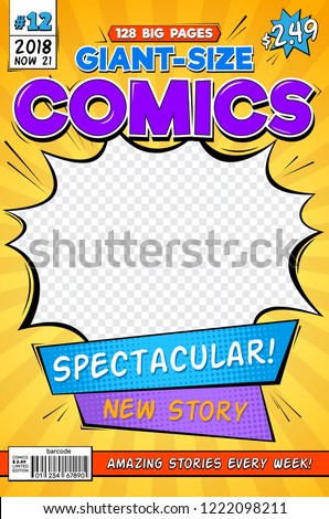 Comic book cover. Vintage comics magazine layout. Cartoon title page vector template