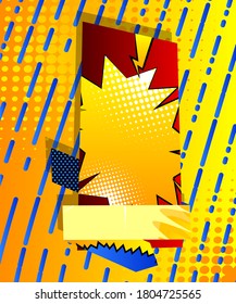 Comic book design colored background with banner and ribbon. Cartoon illustration. Vector comics backdrop.