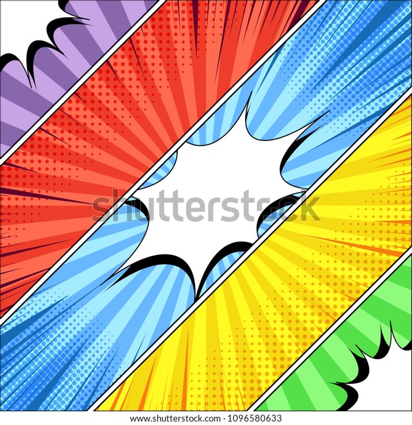 Comic book diagonal banners with\
white speech bubbles radial rays halftone effects on red green\
purple yellow blue backgrounds. Vector\
illustration