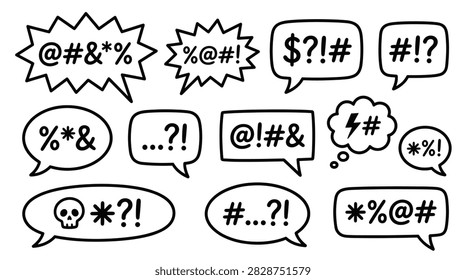 Comic book dialogue elements, bubble speech set, hand drawn style, exclamation marks, swearing symbols, skull, and thought clouds