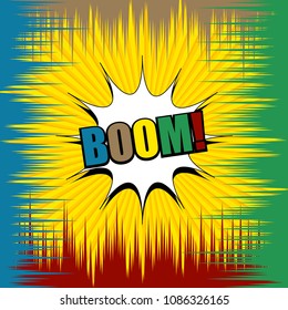 Comic book dynamic concept with Boom inscription white speech bubble colorful rays effects on yellow radial background. Vector illustration