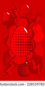 Comic Book Easter background with red eggs and background. Comics abstract holiday backdrop. Retro pop art style poster.