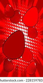 Comic Book Easter background with red eggs and background. Comics abstract holiday backdrop. Retro pop art style poster.