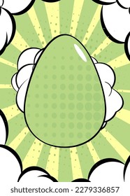 Comic book Easter banner with pastel green and yellow colored Egg. Comics abstract retro pop art style background poster.