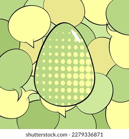 Comic book Easter banner with pastel green and yellow colored Egg. Comics abstract retro pop art style background poster.
