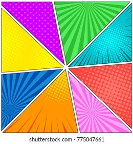 Comic book eight colorful backgrounds with rays, radial, dotted and halftone effects in different colors. Vector illustration