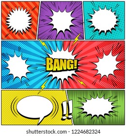 Comic book elements collection with white speech bubbles Bang inscription lightnings exclamation points sound halftone rays and radial effects in bright colors. Vector illustration