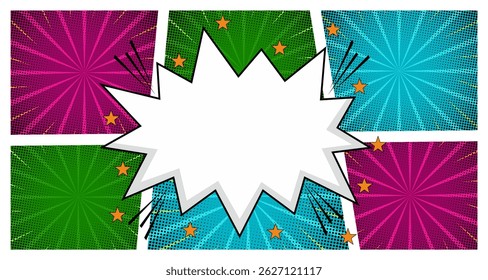 Comic Book Explosion with Pop Art Style, Halftone Dots, Speech Bubbles, and Dynamic Action Bursts with Vibrant Comic Page Frames and blank Conversation Panels