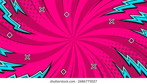Comic book explosion, pop art, pink radial burst, lightning bolts