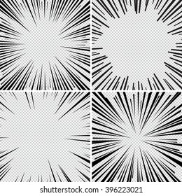 Comic book explosion set superhero pop art style black and white radial lines background. Manga or anime speed frame.